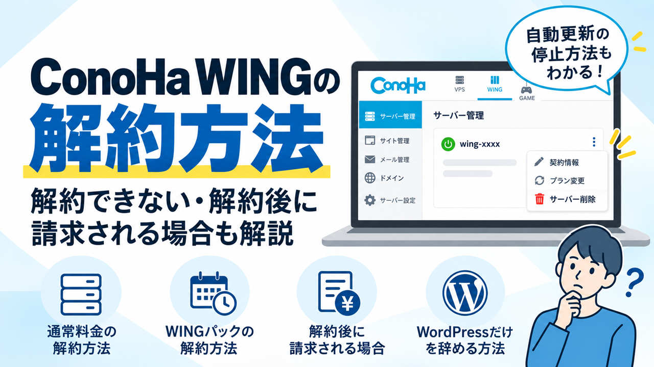 ConoHa WINGの解約方法と、解約できない場合や解約後に請求される場合の対処法を解説するアイキャッチ画像